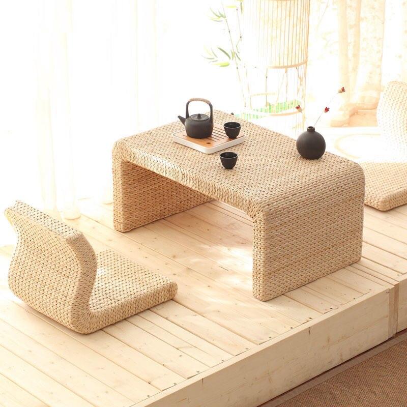 Handmade straw weaving window tatami coffee table living room balcony simple short coffee table tea table platform table stool